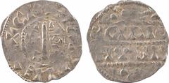 Carolingian coins Raoul ou Lothaire, denier immobilisé, c.955-960, Saint-Denis A/(à 9 h.) GRATIA D-I REX Monogramme de Raoul Dans le champ, en deux lignes : SCI DIO/ NYSII entre deux traits et deux gr