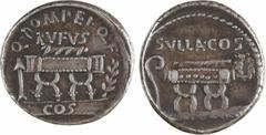 Roman republican coins Pompeia, denier, Rome, 54 av. J.-C Pompeia, denier, Rome, 54 av. J.-C A/Q. POMPEI. Q. F./ RVFVS // COS Chaise curule placée sur une estrade, entre une flèche et une branche de l