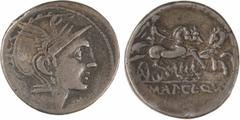 Roman republican coins Mallia, denier, Rome, 111-110 av. J.-C. A/Anépigraphe Tête casquée de Roma à droite ; derrière, un cercle dans un carré R/A l'exergue, T MAL AP CL Q VR La Victoire dans un trige