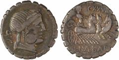 Roman republican coins Naevia, denier serratus, Rome, 79 av. J.-C. A/S C Tête diadémée de Vénus à droite R/A l'exergue, C NAE BALB La Victoire dans un trige à droite ; au dessus, lettres de contrôle T