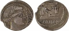 Roman republican coins Scribonia, denier, Rome, 62 av. J.-C. A/BON EVE[NT]/ LI[BO] Tête diadémée de Bonus Eventus à droite R/[PVTEAL]/ SCRIBON Le puits scribonien orné d'une guirlande entre deux lyres