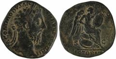 Roman imperial coins Commode, sesterce, Rome, 185 A/M COMMODVS ANTON AVG PIVS BRIT Tête laurée à droite R/[P M TR P X IMP VII COS IIII P P/ V]ICT BRI[T]/ S/ C La Victoire assise à droite sur une pile 
