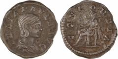 Roman imperial coins Julia Paula, denier, Rome ou Antioche, 220 A/IVLIA PAVLA AVG Buste drapé à droite, vu de trois quarts en avant R/CONCORDIA/ */ - La Concorde assise à gauche, tenant une patère TTB