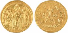 Byzantine coins Héraclius, Héraclius Constantin et Héraclonas, solidus, Constantinople, 638-639 A/Anépigraphe Héraclonas à gauche, Héraclius au centre et Héraclius Constantin à droite debout de face, 
