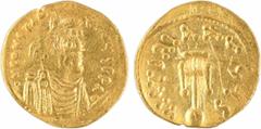 Byzantine coins Constantin IV, semissis, Constantinople, 668-685 A/D N CONSTAN-TIVS P P AV Buste diadémé à droite, drapé et cuirassé, vu de trois quarts en avant R/VICTORIA AVGuS Croix potencée posée 