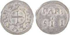 Carolingian coins Charles le Chauve, denier, Paris A/(à 12 h.) + CAR.LVS R.EX. Croix Au centre, en deux lignes : PARI/ S.II TTB+ RR Argent 20,4 mm 1,64 g 10 h D.761 (21 ex.) MG.826 v. Rare denier, ave