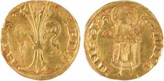 Capetian coins Jean II le Bon, florin d'or, (1360) Montpellier ou Toulouse A/+ FRA - NTIA Lis florentin R/+. S. IOHA - NNES. B. (différent) St Jean-Baptiste debout de face, nimbé et bénissant de la ma