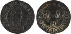 Capetian coins Louis XIII, denier tournois, 1612 Toulouse A/(à 6 h.) LOYS. XIII. R. D: FRAN. ET. NAV. Buste enfantin du Roi à droite, lauré et cuirassé, avec fraise ; différent d'atelier à l'exergue R