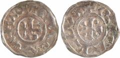 Feudal coins Normandie (duché de), Richard Ier, denier au monogramme, s.d. (943-996) Rouen A/+ RICARDVS, S couchée Croix cantonnée de quatre besants R/+ ROTOMAGVS, S couchée Monogramme TTB+ Argent 19,