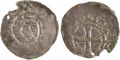 Feudal coins Champagne (comté de), Eudes, denier, s.d. (c.1030) Reims A/+ [légende dégénérée] Tête de face du comte Eudes R/+ DE(M?)[///]A Croix TTB RR Argent 21,0 mm 1,24 g 8 h Maxe-Werly pl.III/12 B