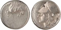 Greek coins Corinthe, statère, c.330 av. J.-C A/Anépigraphe Pégase volant à gauche ; au-dessous, lettre Q Tête d'Athéna à gauche, coiffée du casque corinthien muni du couvre-nuque Argent 20,0 mm 8,60 