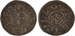 Carolingian coins Charles le Chauve, denier, Melle A/+ CARLVS REX FR Croix R/(à 1 h.) + METVLLO Monogramme de Charles Argent 21,5 mm 1,68 g 4 h TTB+ D.606 (5754 ex.), MG.1063 P.692 Un denier classique