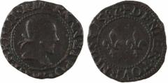 Capetian coins Henri III, denier tournois, 1582 (avec 2 retourné) Rouen A/(à 6 h.) HENRI. III. R. D (différent) FRAN. ET. POL Buste à droite du Roi, lauré et cuirassé ; différent d'atelier à l'exergue