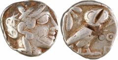 Greek coins / Monnaies grecques Attique, tétradrachme, Athènes, c.480-400 av. J.-C A/Anépigraphe Tête d'Athéna à droite, coiffée du casque à aigrette, orné sur le devant de trois feuilles d'olivier ; 