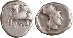 Greek coins / Monnaies grecques Corinthe, statère, IVe siècle av. J.-C A/Anépigraphe Pégase volant à gauche ; au-dessous, lettre punique R/Anépigraphe Tête d'Athéna à droite, coiffée du casque corinth