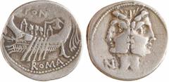 Roman republican coins / Monnaies de la République romaine Fonteia, denier, Rome, 114-113 av. J.-C Tête laurée de Janus ; en dessous, N en monogramme R/FON/ ROMA Galère voguant à droite ; en dessous, 