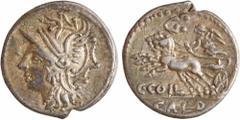 Roman republican coins / Monnaies de la République romaine Coelia, denier, Rome, 104 av. J.-C A/Anépigraphe Tête casquée de Roma à gauche R/C COIL/ CALD La Victoire dans un bige à gauche ; au-dessus, 
