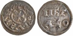 Carolingian coins / Monnaies carolingiennes Charles le Simple, denier, Melle A/+ CARLVS REX Croix En deux lignes : MET/ ALO Argent 21,0 mm 1,57g 2 h TTB+ D.630 (1 ex.), PA.2414 Exemplaire sur un flan 
