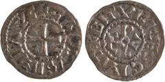 Carolingian coins / Monnaies carolingiennes Charles le Chauve (au nom de), denier, Bourges A/CARLVS IMP AVG Croix R/(à 9 h.) BITVRICES CIVIT Monogramme de Charles Argent 20,0 mm 1,65g 6 h TTB+ D.198 (