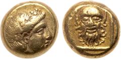 Ancient Greek Coins Lesbos, Mytilene. Electrum Hekte (2.54 g), ca. 377-326 BC. Wreathed head of Dionysos right. Reverse: Head of satyr facing within linear square. Bodenstedt 90; HGC 6, 1016. Some min