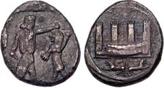 Ancient Greek Coins Phoenicia, Sidon. Time of Baalshallim I-Ba'ana. Silver 1/2 Shekel (6.32 g), ca. 425-402 BC. City wall with four towers before which a Phoenician galley left; below, two lions leapi