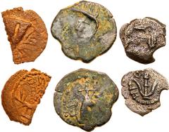 Ancient Judean Coins Herodian Dynasty. Herod Archelaus, 4 BCE to 6 CE. Lot of 3 Bronzes. Consists of: Prutah. Hendin 6224, TJC 69b. Very Fine; 2-Prutah. Hendin 6225, TJC 70ev. War galley sailing right