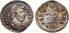 Ancient Roman Coins Valens. Silver Siliqua (2.04 g), AD 364-378. Treveri, AD 367-375. D N VALENS P F AVG, diademed, draped and cuirassed bust of Valens right. Reverse: VRBS ROMA, Roma seated left on t