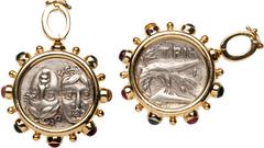 Ancient Coin Jewelry Lovely Ancient Greek Silver Coin, ca. 340-313 BC mounted in 18K Gold and Semi-Precious Stones. Stunning 18K yellow gold pedant with 7 multi-color cabochons which include: opal, to
