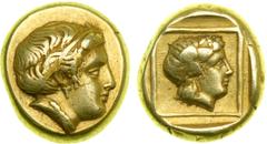 Lesbos, Mytilene, 412-378 BC. Electrum Hekte (2.52 g). Wreathed head right of Io with small cow's horn. Reverse: Head right of youthful Dionysos wearing ivy wreath within linear square; all within inc