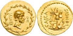 Marcus Junius Brutus, d. 42 BC. Gold Aureus (8.07 g), struck at a traveling mint in Macedonia or Western Asia Minor, summer/autumn 42 BC. With moneyer, P. Servilius Casca Longus. Bare head right of Br