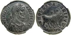 Julian II, AD 360-363. AE 1 (Majorina) minted at Constantinople. Diademed, cuirassed and draped bust right of Julian II. Reverse: Bull standing right; above, two stars. RIC 162. NGC graded XF: Strike 