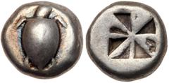 Ancient Coins Islands off Attica, Aegina. Silver Stater (12.16 g), ca. 550-530/25 BC. Sea turtle, head in profile, with thin collar and row of dots down its back. Reverse: Incuse square with proto-"Un