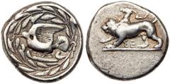 Ancient Coins Sikyonia, Sikyon. Silver Stater (12.05 g), ca. 430-400 BC. ΣE below, chimaera prowling left; above, wreath above. Reverse: Dove flying left; before, I; all within wreath. BCD Peloponneso