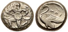 Ancient Coins Cilicia, Mallos. Silver Stater (11.03 g), ca. 440-390 BC. Bearded male deity with four wings in kneeling-running stance to left, holding solar disc. Reverse: MAP, swan standing to left. 