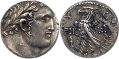 Ancient Coins Phoenicia, Tyre. Silver Shekel, ca. 126/5 BC-AD 65/6. Year 159 (AD 33/4). Laureate bust of Melkart right. Reverse: TYPIOY IEPAΣ KAI AΣYΛOY, eagle standing left on prow, palm on far wing;