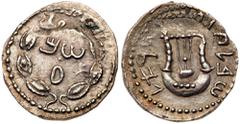 Ancient Coins Judaea, Bar Kokhba Revolt. Silver Zuz (2.92 g), 132-135 CE. Year 2 (133/4 CE). 'Sm' (Paleo-Hebrew) within wreath of thin branches wrapped around eight almonds, with a medallion at top an