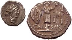 Ancient Coins Julius Caesar. Silver Denarius (3.67 g), 48 BC. Military mint traveling with Caesar. Diademed and wreathed head of Pietas or Clementia(?) right; behind, LII. Reverse: CAE-SAR, trophy of 