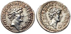Ancient Coins Mark Antony & Octavian. Silver Denarius (3.89 g), 41 BC. Ephesus. M. Barbatius Pollio, quaestor pro praetore. M ANT I(MP) (AV)G III VIR R P C M BARBAT Q P, bare head of Mark Antony right