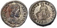 Ancient Coins Helena. Æ Follis (3.65 g), Augusta, AD 324-328/30. Siscia, AD 328/9. FL HELENA AVGVSTA, diademed and draped bust of Helena right. Reverse: SECVRITAS REIPVBLICE, Securitas standing facing