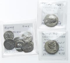 Ancient Coins 9-piece lot of Vespasian AD 69-79 Silver Coinage. Consists of 7 AR Denarii and 2 Syrian AR Tetradrachms. Coins are mostly in Fine condition. Estimated Value $300 - UP