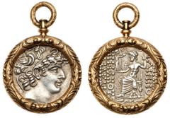 Ancient Coins Handsome 18K Yellow Gold bezel with Ancient Seleukid Empire Silver Tetradrachm, Ca. 88-75 BC. Lovely pendant of an ancient Seleukid Empire, Philip I Philadelphos Silver Tetradrachm in a 