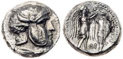 Ancient Coins Seleukid Kingdom. Seleukos I Nikator. Silver Drachm (3.83 g), 312-281 BC. Susa, ca. 305/4-295 BC. Head of hero (Alexander or Seleukos?) right, wearing helmet covered with panther's skin 