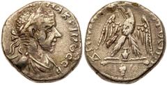 Ancient Coins City Coinage. Aelia Capitolina (Jerusalem) under Macrinus, 217-218 CE. Billon Tetradrachm (13.37 g). Laureate, cuirassed and draped bust right of Macrinus. Reverse: Eagle to front, head 