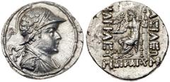 Ancient Coins Baktrian Kingdom. Heliokles I. Silver Tetradrachm (14.60 g), ca. 145-130 BC. Diademed, draped, and cuirassed bust of Heliokles I right, wearing crested helmet covered with pelt of scales