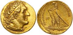 Ancient Coins Ptolemaic Kingdom of Egypt. Ptolemy I, 323-285 BC. Gold Pentadrachm (17.81 g) minted at Alexandria. Diademed bust right of Ptolemy I; behind ear, delta. Reverse: Eagle standing left on t