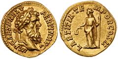 Ancient Coins Pertinax. Gold Aureus (7.26 g), AD 193. Rome. IMP CAES P HELV PERTIN AVG, laureate head of Pertinax right. Reverse: LAETITIA TE-MPOR COS II, Laetitia standing facing, head left, holding 