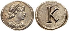 Ancient Coins Constantinian Commemorative Issues, AR Half Siliqua (1.09 g) minted at Constantinople, c. AD 330 or later. Diademed bust right of Constantine. Reverse: Large "K". Cf. Kent "Urbs Roma" in
