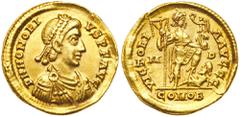 Ancient Coins Honorius, AD 393-423. Gold Solidus (4.44 g) minted at Mediolanum (Milan), AD 393-402. Diademed, cuirassed and draped bust right of Honorius. Reverse: Honorius standing right, holding sta