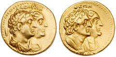 Peh Family Collection Ptolemaic Kingdom. Ptolemy II Philadelphos, with Arsinöe II, Ptolemy I and Berenike I. Gold Tetradrachm (13.80 g), 285-246 BC. Alexandria, ca. 265 BC or a little later. AΔEΛΦΩN, 