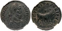 Peh Family Collection Julian II, AD 360-363. AE 1 (Majorina) minted at Constantinople. Diademed, cuirassed and draped bust right of Julian II. Reverse: Bull standing right; above, two stars. RIC 162. 